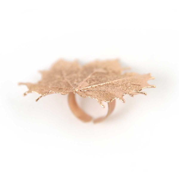Anello regolabile di vera foglia di acero canadese placcata oro rosa
