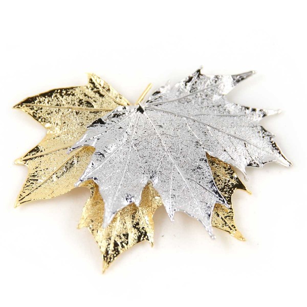 Ciondolo due toni con due vere foglie di acero canadese placcate una oro e una argento con passante per catenina