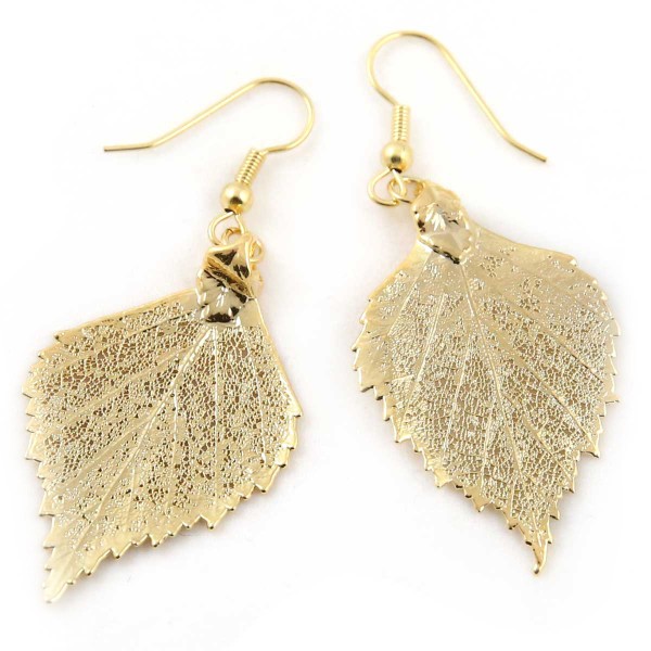 Orecchini pendenti di vere foglie di betulla placcate oro
