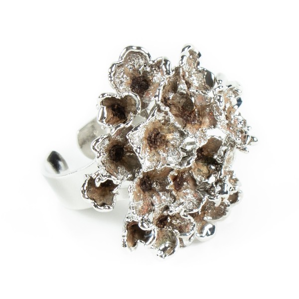 anello regolabile fiore del biancospino double face, un lato naturale e l'altro placcato argento