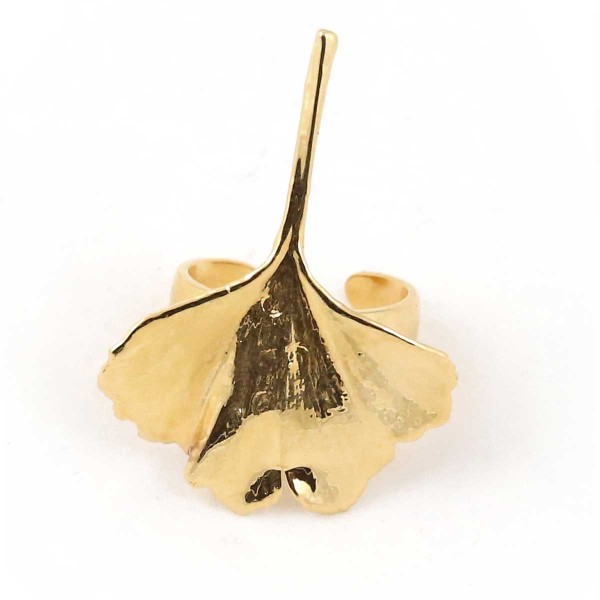 Anello regolabile di vera foglia di ginkgo biloba placcata oro